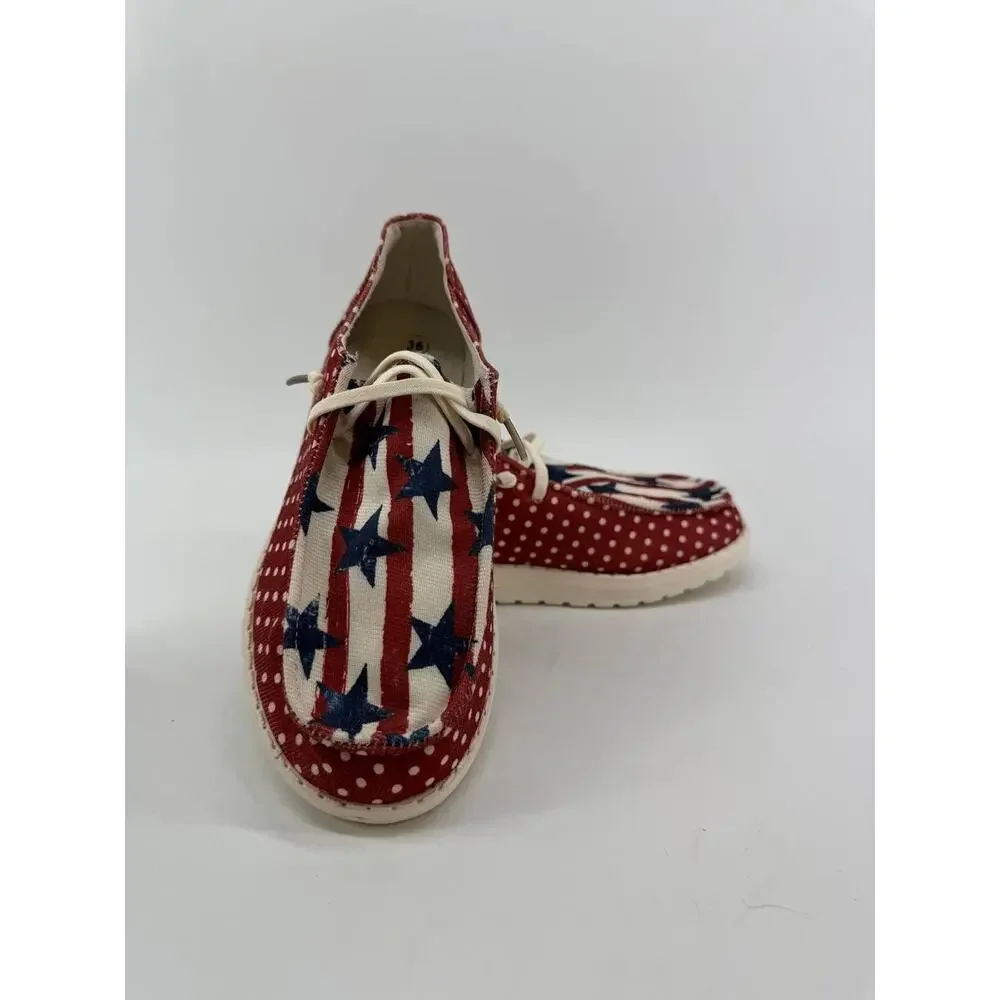 Womens American Flag Canvas Lace Up Boat Shoes Red White Blue EU 36